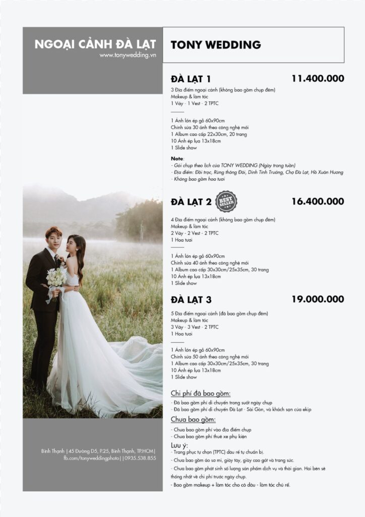Bảng giá chụp ảnh cưới Đà Lạt 2024